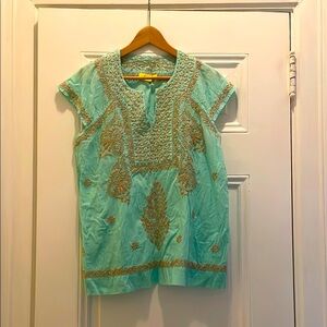 Roller Rabbit Turquoise (ish) Top with beige Embroidery